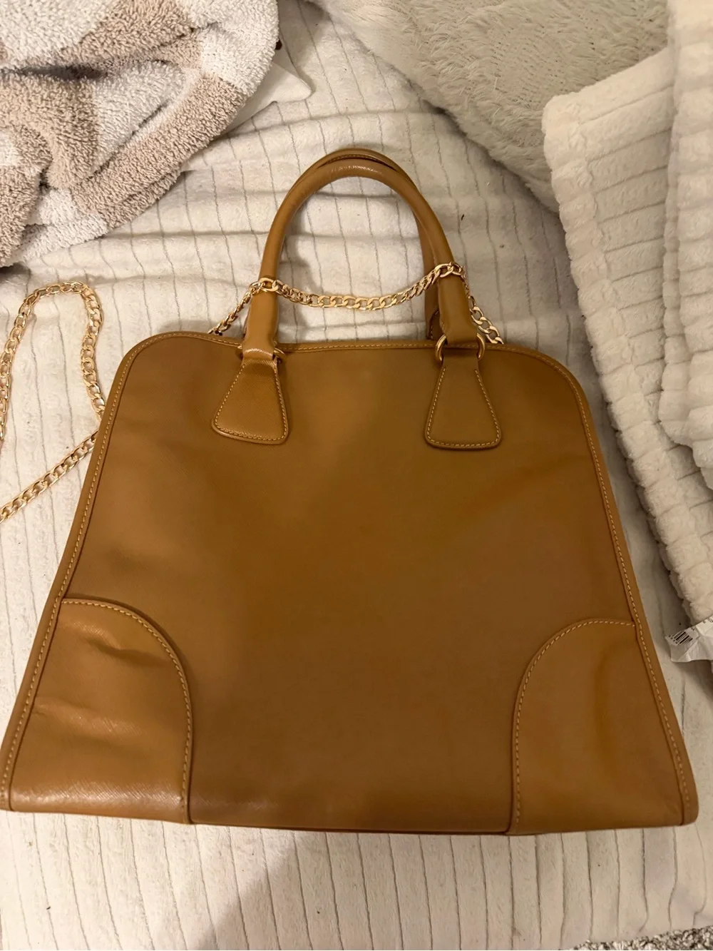 Prada Tan Leather Tote with Gold Chain Strap